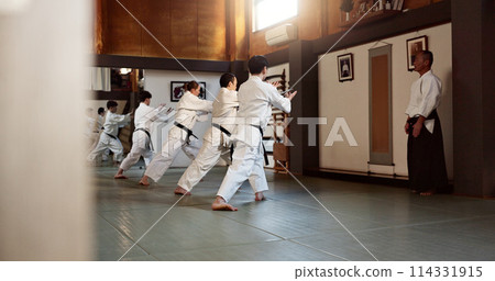 Aikido, black belt and fight class with sensei training or teaching athletes for self defence exercise. Dojo, students and people in a gym or studio for workout, practice and fitness routine in Japan 114331915