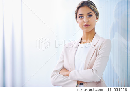 Business woman, arms crossed and confident in portrait, paralegal at law firm and serious with pride. Young professional, career and legal expert at office with mockup space and corporate job Business woman, arms crossed and confident in portrait, paralegal at law firm and serious with pride. Young professional, career and legal expert at office with mockup space and corporate job 114331928