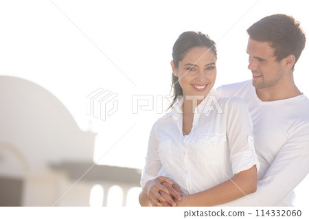Couple, portrait and hug with love for valentines day or summer holiday together in embrace or outdoor romance. Man and woman with smile for weekend, vacation or getaway with fashion on mockup space Couple, portrait and hug with love for valentines day or summer holiday together in embrace or outdoor romance. Man and woman with smile for weekend, vacation or getaway with fashion on mockup space 114332060