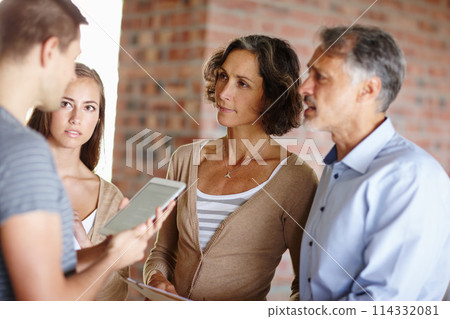 Real estate, people and meeting with documents, files and tablet for investment, planning and partnership. Business, realtor and conversation with paperwork for contract, discussion and strategy 114332081