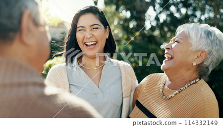 Woman, laughing or senior parents hug for bonding, support or love in backyard of a family house. Old man, funny or mature mom with a happy daughter in outdoor porch together on holiday vacation Woman, laughing or senior parents hug for bonding, support or love in backyard of a family house. Old man, funny or mature mom with a happy daughter in outdoor porch together on holiday vacation 114332149