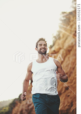 Man, runner and athlete for outdoor workout, sports and nature for cardio or training for marathon. Male person, happy and fitness on mountain for performance challenge, health and exercise for race 114332171