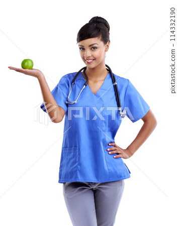 Nurse, woman and apple on hand in studio for healthcare and healthy food for natural choice. Medical worker or doctor in portrait with fruit in palm for nutrition and gut health on white Background Nurse, woman and apple on hand in studio for healthcare and healthy food for natural choice. Medical worker or doctor in portrait with fruit in palm for nutrition and gut health on white Background 114332190