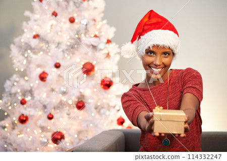 Smile, santa hat and portrait of woman with present at her home for christmas event, party or celebration. Happy, holidays and face of female person with festive xmas tree and gift on sofa at house. Smile, santa hat and portrait of woman with present at her home for christmas event, party or celebration. Happy, holidays and face of female person with festive xmas tree and gift on sofa at house. 114332247