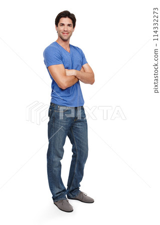 Man, casual and portrait with studio for fashion with relaxed outfit with arms crossed with confidence. Teacher, training and creative with education in schools with intelligent pose with pride 114332273