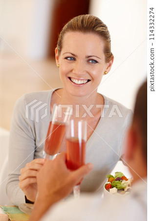 Champagne, toast and woman with glass for celebration, marriage or wedding with man in background. Female person, girl or wife with husband for drink, union or partnership of couple together 114332274