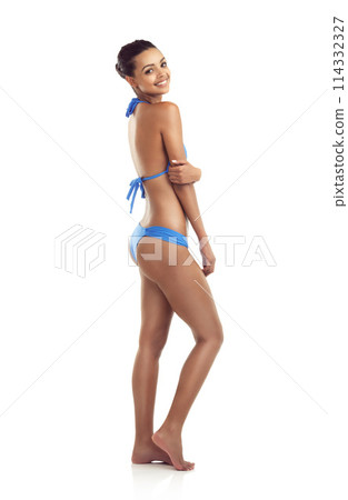 Woman, bikini and portrait with workout confidence, fitness and summer swimsuit in studio. Happy, smile and university student from Jamaica ready for spring break with beach wear and white background 114332327