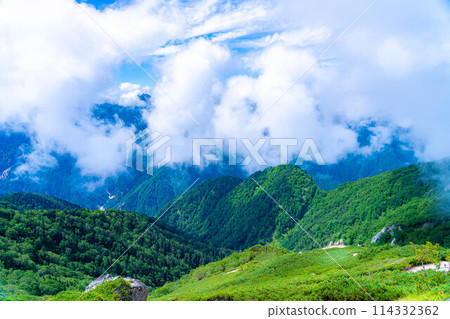 [Mountain climbing material] The ridgeline of Mt. Tsurugidake in summer and the rising clouds [Nagano Prefecture] 114332362