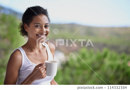 Black woman, portrait and balcony with coffee in relax for morning, breakfast or natural view of the countryside. Face of calm African female person with smile, beverage or drink on terrace at home Black woman, portrait and balcony with coffee in relax for morning, breakfast or natural view of the countryside. Face of calm African female person with smile, beverage or drink on terrace at home 114332384