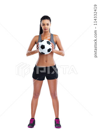 Soccer, portrait and woman ready with ball in studio for match, game or kick off on white background. Sports, football and confident female person for training, workout or fitness on mockup space Soccer, portrait and woman ready with ball in studio for match, game or kick off on white background. Sports, football and confident female person for training, workout or fitness on mockup space 114332419
