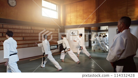 Japanese students, teaching or sensei in dojo to start aikido practice, discipline or self defense education. Black belt master, people learning combat or ready for fighting class, training or lesson 114332428