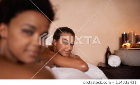 Portrait, spa and massage with women, relax and hospitality industry with hotel and vacation. Face, best friends and girls on a table, stress relief and luxury with wellness and customer with peace Portrait, spa and massage with women, relax and hospitality industry with hotel and vacation. Face, best friends and girls on a table, stress relief and luxury with wellness and customer with peace 114332431