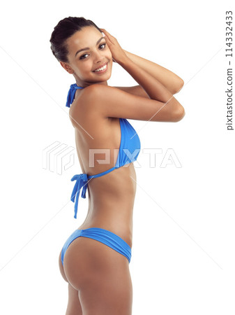 Fashion, bikini and portrait of woman on a white background for summer style, bather and swimwear. Happy, studio and isolated girl in swimsuit with confidence, pride and smile for holiday or vacation Fashion, bikini and portrait of woman on a white background for summer style, bather and swimwear. Happy, studio and isolated girl in swimsuit with confidence, pride and smile for holiday or vacation 114332433