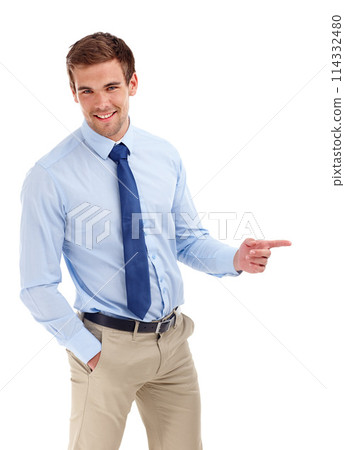 Business man, portrait and pointing to mockup space for advertising, announcement and good news. Attorney, employee and studio with smile showing promotion and notification with white background Business man, portrait and pointing to mockup space for advertising, announcement and good news. Attorney, employee and studio with smile showing promotion and notification with white background 114332480