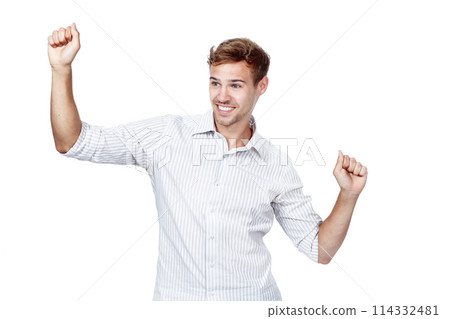 Arms raised, man and dance with celebration, excited and smile with happiness isolated on white studio background. Person, employee and model with victory and winning with emoji, prize and giveaway 114332481