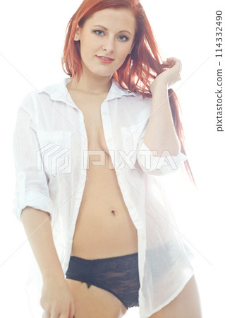 Woman, underwear and smile with bedroom, morning and confidence for sensual fashion. Model, lace and lingerie with glamour, sexy style and elegant portrait with cosmetics and comfortable house beauty Woman, underwear and smile with bedroom, morning and confidence for sensual fashion. Model, lace and lingerie with glamour, sexy style and elegant portrait with cosmetics and comfortable house beauty 114332490