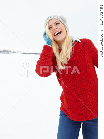 Laughing, snow and happy woman in winter with smile, beanie or jersey in Sweden on holiday vacation. Female person, play or girl walking on outdoor trip for travel, adventure or wellness in nature Laughing, snow and happy woman in winter with smile, beanie or jersey in Sweden on holiday vacation. Female person, play or girl walking on outdoor trip for travel, adventure or wellness in nature 114332491