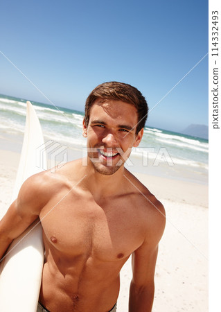 Man, ocean and surfboard for surfing or portrait with happiness, adventure and fitness with blue sky. Tourist, person and surfer by beach in morning for holiday, vacation and freedom in California Man, ocean and surfboard for surfing or portrait with happiness, adventure and fitness with blue sky. Tourist, person and surfer by beach in morning for holiday, vacation and freedom in California 114332493