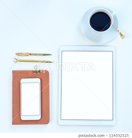 Tablet, smartphone and screen with coffee or above, creative workspace and mockup for online content creation. Blog, pen and technology aesthetic for social media, website and internet display 114332525