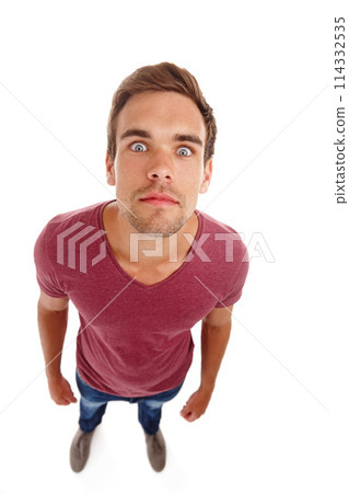 Wow, eyes and portrait of shocked man in studio with top view surprise, announcement or deal on white background. Omg, face or male model with emoji for unexpected news, info or competition giveaway 114332535