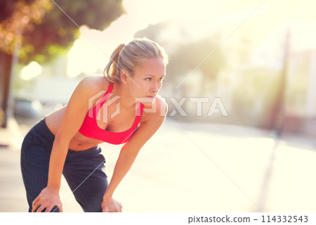 Woman, runner and rest for break, sport and health for wellness, active or training in city. Athlete, bend and thinking for distance, strength and workout for tired and fitness in urban on mockup 114332543