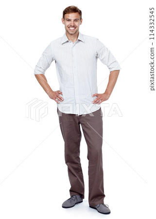Confidence, fashion and portrait of businessman in studio with smile, opportunity and pride. Consultant, agent or happy man with casual style, ambition and professional career on white background Confidence, fashion and portrait of businessman in studio with smile, opportunity and pride. Consultant, agent or happy man with casual style, ambition and professional career on white background 114332545