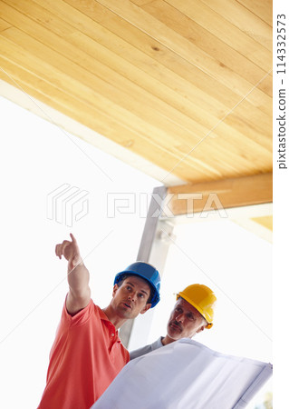 Blueprint, construction and architect pointing with man on site for inspection, project management and planning. Professional contractor, engineer or developer with teamwork, solution and building Blueprint, construction and architect pointing with man on site for inspection, project management and planning. Professional contractor, engineer or developer with teamwork, solution and building 114332573