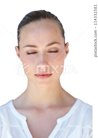 Portrait, beauty and skincare with cosmetics, woman and dermatology isolated on a white studio background. Person, headshot and model with grooming routine and treatment with confidence and wellness 114332581