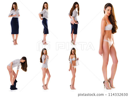 Underwear, woman and undressing in studio collage for sensuality, sexy and half naked body with confidence. Girl, business and take off clothes after work or corporate career for comfort and relax Underwear, woman and undressing in studio collage for sensuality, sexy and half naked body with confidence. Girl, business and take off clothes after work or corporate career for comfort and relax 114332630
