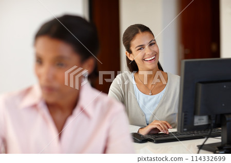 Woman, portrait and happy at computer in office with typing, research and career at creative media agency. Business people, employee or girl for writing, editing or proofreading with smile at startup 114332699