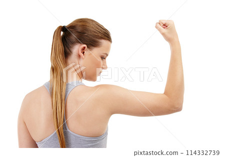 Bicep, girl and strong in studio, fitness and flex of muscle, wellness and training or exercise in gym. Proud, athlete and person in white background, confidence and healthy with workout and sports 114332739
