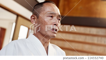 Man, japanese master and martial arts in dojo place, aikido champion or teacher of self defence. Sensei, authority and teaching combat in instruction or education, power and mature fighter or coach 114332740
