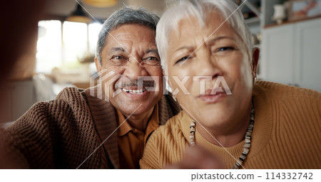 Face, video call or senior couple in living room talking on digital connection, virtual app or social media. Happy man, mature woman or people speaking online in selfie at home in retirement together 114332742