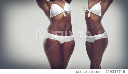 Transformation, weightloss and body of black woman on a gray background for diet, detox and wellness. Health, lose weight and stomach of isolated person for workout, exercise and fitness in studio 114332746