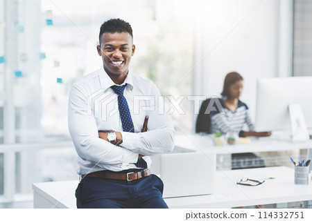 Portrait, business and black man with arms crossed, smile and accountant with confidence, startup and pride. Face, person and employee with career ambition, investor and trading with economic analyst 114332751