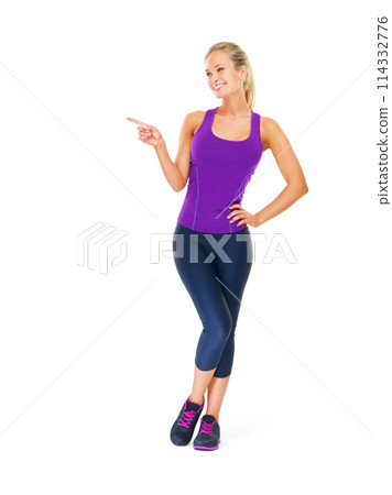 Fitness, mockup or happy woman with hand pointing in studio for gym, sign up or membership on white background. Exercise, space or lady model show workout revere, feedback or body transformation tips Fitness, mockup or happy woman with hand pointing in studio for gym, sign up or membership on white background. Exercise, space or lady model show workout revere, feedback or body transformation tips 114332776