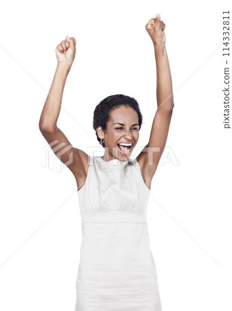 Black woman, studio and cheering for win or success, excited and celebrate for lottery or promotion. Female person, giveaway and victory or deal on white background, discount and bonus or reward Black woman, studio and cheering for win or success, excited and celebrate for lottery or promotion. Female person, giveaway and victory or deal on white background, discount and bonus or reward 114332811