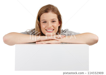 Banner, portrait and happy girl with mockup in studio for announcement, offer or info on white background. Poster, face or teen model smile with billboard presentation for news, promo and opinion 114332909