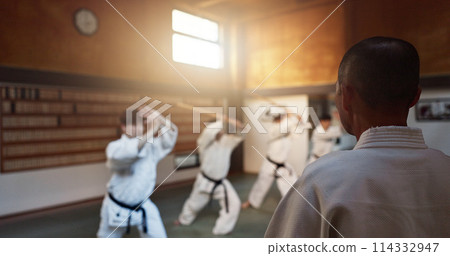 Aikido, dojo and class with sensei, weapon training and wooden sword for self defence exercise. Group, student or athlete in Japanese studio gym with fight challenge, black belt practice and fitness 114332947