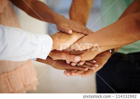 Teamwork, support and hands together of business people for motivation, community and trust in office. Employees, diversity and collaboration with target, partnership and agreement in solidarity 114332992