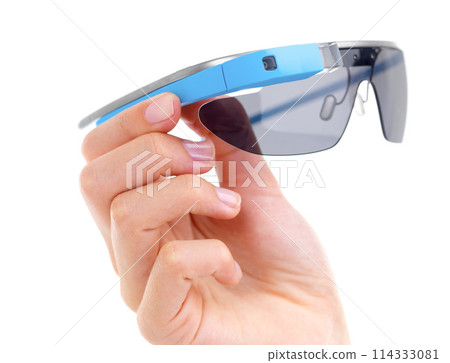 Smart, sunglasses and technology with vision, future and internet or wifi. Hand, tech and digital innovation with electronic app or network for software experience isolated on white studio background Smart, sunglasses and technology with vision, future and internet or wifi. Hand, tech and digital innovation with electronic app or network for software experience isolated on white studio background 114333081
