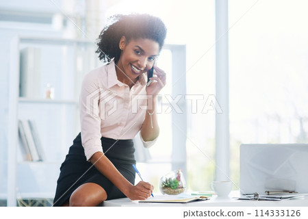 Portrait, receptionist or black woman in phone call for writing, contact in business for planning. PA, secretary or happy agent with mobile, journal or diary notes for communication or appointment 114333126