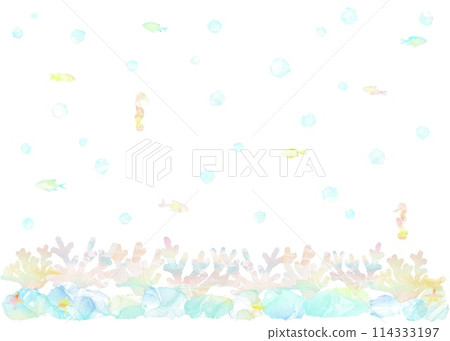 A fun illustration of tropical fish and seahorses swimming in a coral reef ocean. 114333197