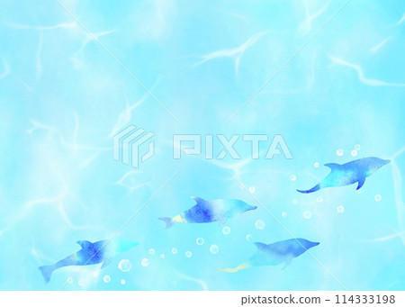 A cool watercolor illustration of a group of dolphins swimming underwater. A summer frame on a light blue background. 114333198