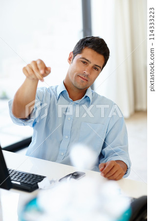 Paper throw, man and burnout in home office with laptop, boredom and discard for mistake in tax, admin or audit. Computer, glitch and frustrated male consultant annoyed with document errors. Paper throw, man and burnout in home office with laptop, boredom and discard for mistake in tax, admin or audit. Computer, glitch and frustrated male consultant annoyed with document errors. 114333223