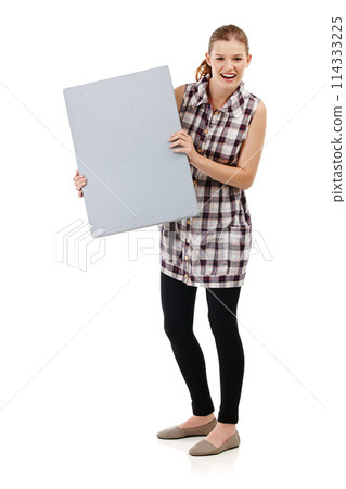 Portrait, happy woman and board in studio with smile, mock up and advertising. Happiness, marketing and face of isolated female person by white background for sign with sale, branding and info poster Portrait, happy woman and board in studio with smile, mock up and advertising. Happiness, marketing and face of isolated female person by white background for sign with sale, branding and info poster 114333225