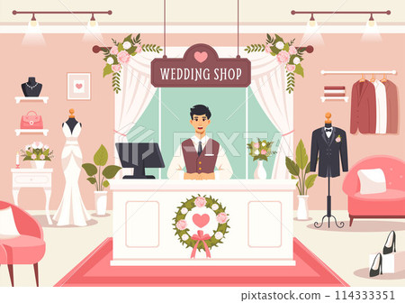 Wedding Shop Vector Illustration with Lover Looking for Jewellery, Beautiful Bride Gowns and Accessories to Get Married in Flat Cartoon Background 114333351