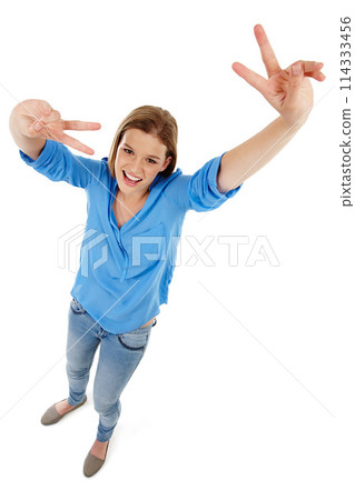 Girl, studio and portrait for fashion with peace sign, teenager and smile or rest in comfortable clothes. Upcycling, emoji and white backdrop or happiness, above and outfit or isolated in casual wear Girl, studio and portrait for fashion with peace sign, teenager and smile or rest in comfortable clothes. Upcycling, emoji and white backdrop or happiness, above and outfit or isolated in casual wear 114333456