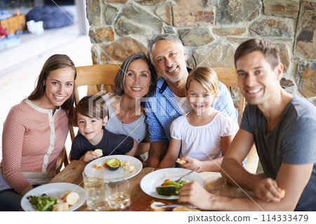 Family, healthy and lunch portrait or food for eating, wellness snack with generations or grandparents together. Happy, home and nutrition or vitamins in meal for child, vegetable or beverages 114333479