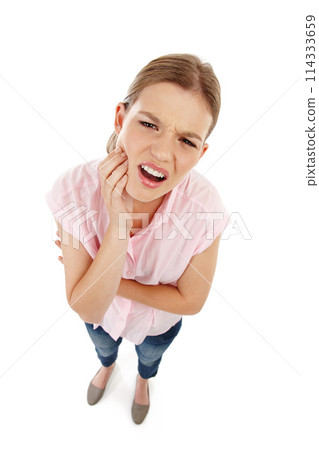 Dental health, patient and teeth in studio with gingivitis, toothache and pain for dentist. Oral hygiene, girl and medical emergency for healthcare on isolated white background with mockup or pov Dental health, patient and teeth in studio with gingivitis, toothache and pain for dentist. Oral hygiene, girl and medical emergency for healthcare on isolated white background with mockup or pov 114333659